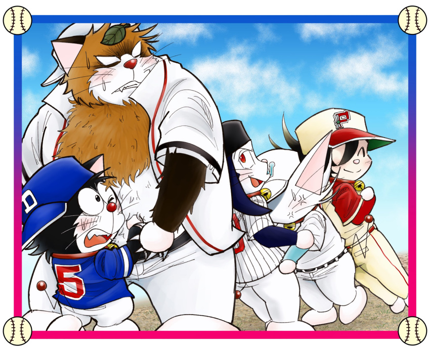 2022 anthro ball baseball_(ball) baseball_(sport) baseball_cap baseball_uniform black_body blush bottomwear brown_body brown_fur canid canine clothed clothing domestic_cat dorabase doraemon felid feline felis fur group hat headgear headwear hi_res kemono kuroemon leaf male mammal open_clothing open_shirt open_topwear overweight overweight_male pants pokoemon_(character) raccoon_dog red_nose shimo_mi_0503 shirt sport sportswear tanuki topwear uniform