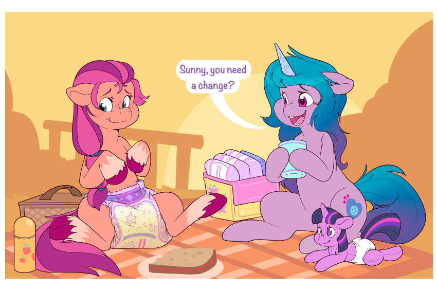 absurd_res blue_eyes blue_hair blue_tail bodily_fluids cuddlehooves cutie_mark diaper ears_down earth_pony english_text equid equine feral food friendship_is_magic genital_fluids hair hasbro hi_res holding_object horn horse izzy_moonbow_(mlp) mammal mlp_g5 my_little_pony orange_body picnic pink_eyes pivoted_ears plushie pony purple_body purple_hair purple_tail sandwich_(food) sunny_starscout_(mlp) text twilight_sparkle_(mlp) unicorn urine wet_diaper wetting