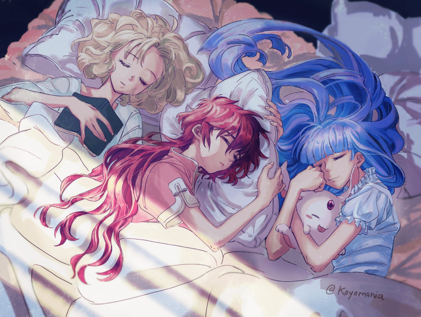 1other 3girls bed blanket blonde_hair blue_hair blush_stickers book closed_eyes dappled_sunlight highres hououji_fuu karen_le_cao long_hair magic_knight_rayearth mokona multiple_girls nightgown object_hug pajamas pillow pillow_hug red_hair ryuuzaki_umi shidou_hikaru sleeping sunlight twitter_username