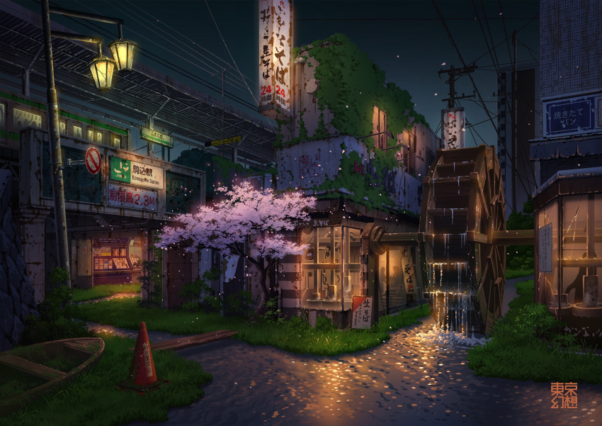 abandoned boat building cherry_blossoms commentary_request highres lamppost night night_sky no_humans original outdoors overgrown petals plank power_lines rust scenery sign sky tokyogenso traffic_cone tree utility_pole water watercraft watermill when_you_see_it