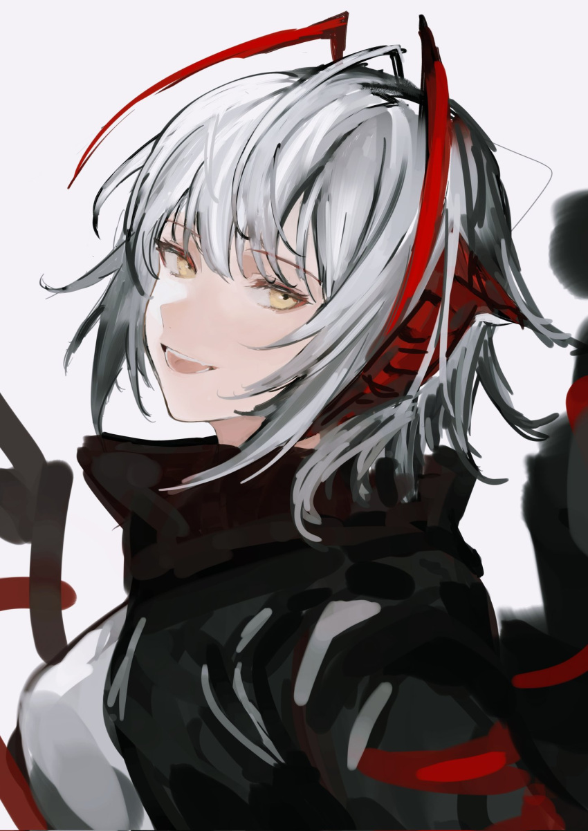 1girl :d ahoge antennae arknights black_jacket black_scarf demon_horns emiya_negi from_side grey_hair grey_shirt highres horns jacket looking_at_viewer open_clothes open_jacket open_mouth scarf shirt short_hair simple_background sketch smile solo upper_body w_(arknights) white_background yellow_eyes