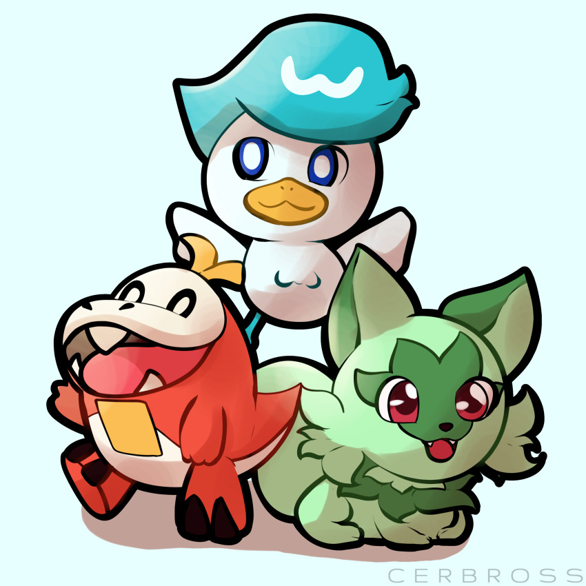 1:1 2_toes absurd_res beak blue_eyes blue_hair blue_sclera cerbross cute_fangs feet feral fuecoco green_body group hair hi_res nintendo pok&eacute;mon pok&eacute;mon_(species) quaxly red_body red_sclera simple_background smile sprigatito starter_trio toes tongue trio video_games white_background white_body white_wings wings