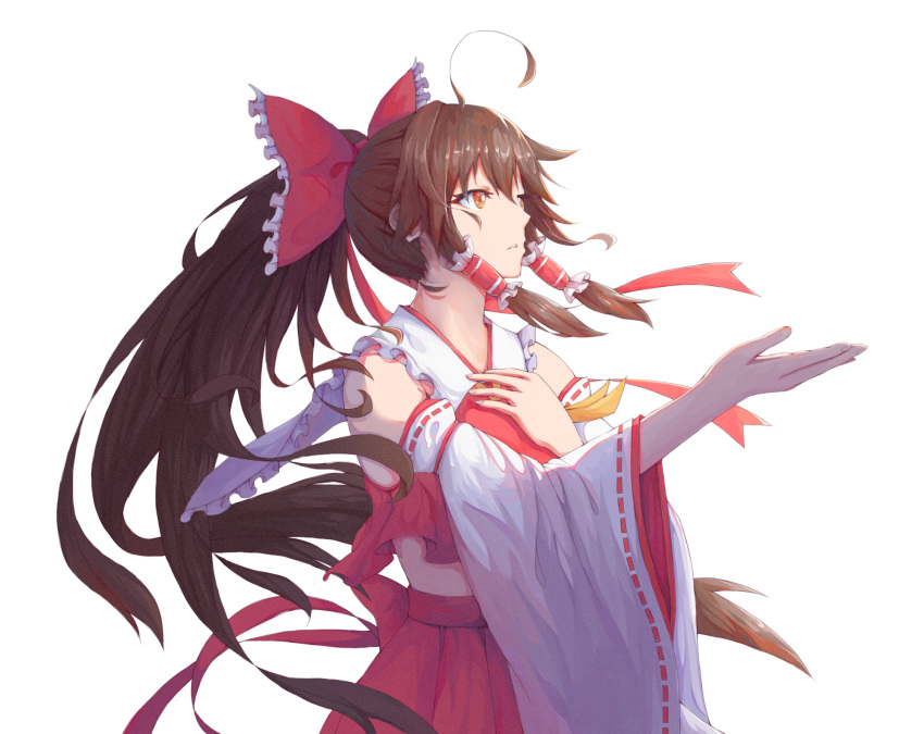 1girl bangs bare_shoulders bow brown_eyes brown_hair closed_mouth hair_bow hakurei_reimu highres japanese_clothes miko ponytail red_shirt red_skirt sailor_collar shirt simple_background skirt solo touhou white_background white_sleeves yang_zheng_yu