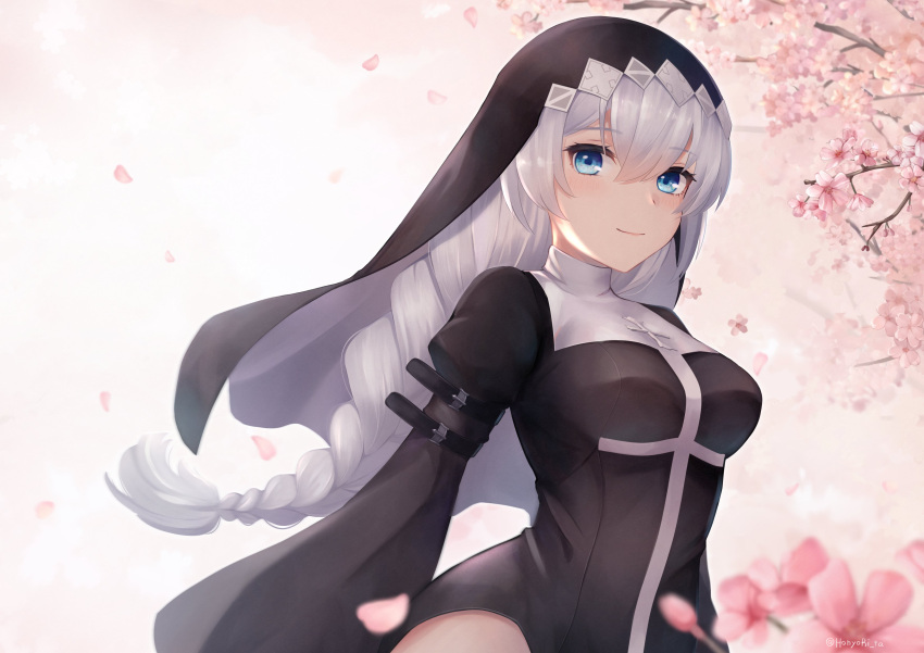 1girl absurdres bangs black_dress blue_eyes braid braided_ponytail branch breasts cherry_blossoms closed_mouth dress highres hn_(honyori_ta) honkai_(series) honkai_impact_3rd kallen_kaslana long_hair long_sleeves looking_at_viewer outdoors petals smile solo white_hair