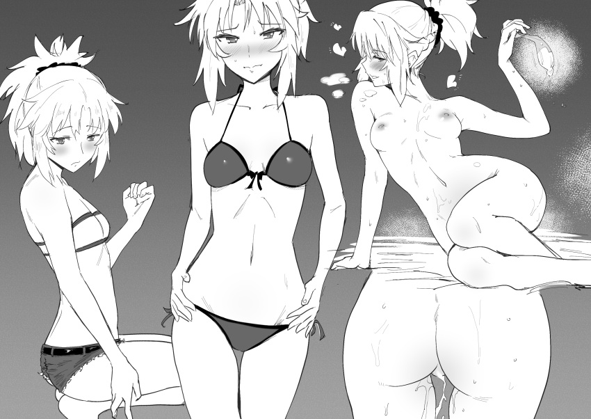 1girl ass bangs bikini blush breasts closed_mouth completely_nude condom cum cumdrip denim eyebrows_visible_through_hair fate/apocrypha fate_(series) greyscale hair_ornament hair_scrunchie hands_on_hips heart highres holding holding_condom leaning_to_the_side legs_apart monochrome mordred_(fate) multiple_views navel nipples nude ponytail profile scrunchie short_shorts shorts side-tie_bikini small_breasts standing stomach sweat swimsuit used_condom val_(escc4347)