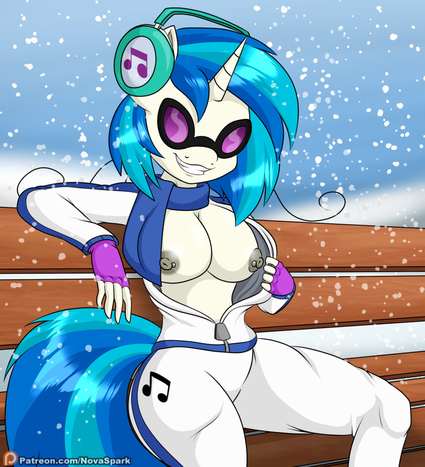 5_fingers anthro anthrofied bench blue_hair blue_tail breasts clothing equid equine exposed_breasts eyewear female fingerless_gloves fingers friendship_is_magic glasses gloves grin hair handwear hasbro headphones hi_res horn looking_at_viewer mammal my_little_pony nipple_piercing nipples novaspark patreon piercing scarf signature sitting smile snow snowing solo undressing unicorn vinyl_scratch_(mlp) white_body zipper