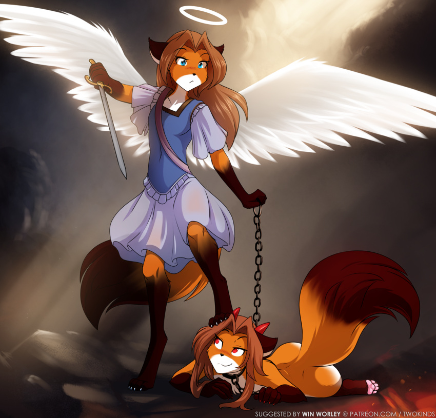 2022 angel anthro barefoot black_body black_fur blue_eyes blush canid canine chain chain_leash clothed clothing collar collar_only conditional_dnp demon digitigrade dominant dominant_anthro dominant_female dress duo feathered_wings feathers feet female foot_on_head fox fur gloves_(marking) halo hi_res holding_leash holding_object holding_sword holding_weapon horn keidran laura_(twokinds) leash leg_markings lying mammal markings melee_weapon multicolored_body multicolored_fur nude on_front orange_body orange_fur red_eyes smile socks_(marking) square_crossover submissive submissive_anthro submissive_female sword tom_fischbach twokinds weapon webcomic white_body white_feathers white_fur wings