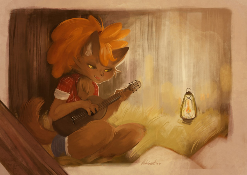 2019 anthro bottomwear brown_body brown_fur canid clothing cute_fangs female fur ghoul_school guitar hanna-barbera hay holding_guitar lamp mammal musical_instrument nakitacat oil_lamp plaid playing_guitar playing_music plucked_string_instrument scooby-doo_(series) shorts smile solo string_instrument winnie_werewolf_(ghoul_school) yellow_sclera
