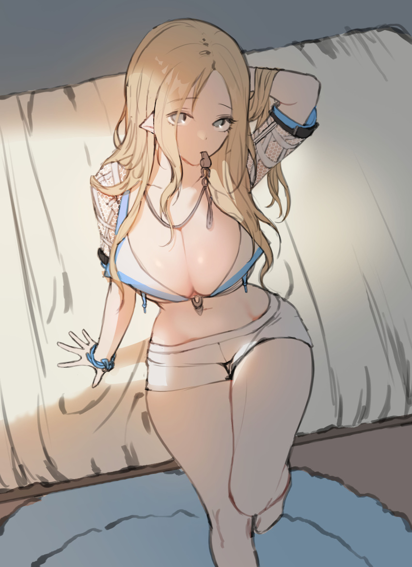 1girl absurdres armband bare_legs barefoot bedside blonde_hair blue_eyes breasts cleavage collarbone crop_top eyebrows_visible_through_hair forehead from_above gg_amang highres large_breasts long_hair looking_at_viewer midriff narrow_waist navel original pointy_ears short_shorts short_sleeves shorts sketch solo thigh_gap upturned_eyes whistle whistle_around_neck white_shorts wide_hips