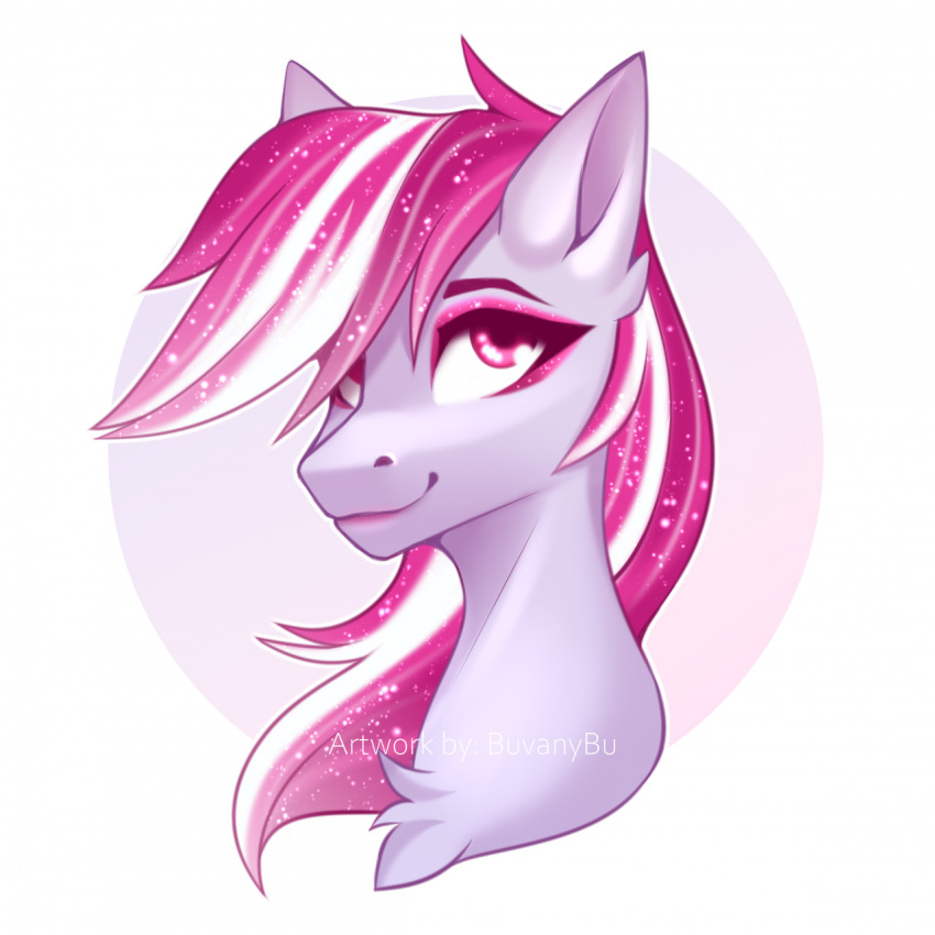 bust_portrait buvanybu ears_up equid equine eyeshadow female feral fur glittering_hair hair hasbro hi_res horse looking_away makeup mammal my_little_pony pink_hair pony portrait simple_background smile solo white_body white_fur