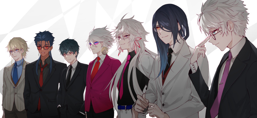 00kashian00 6+boys abstract_background absurdres black_hair black_necktie black_suit blonde_hair blue_eyes blue_hair blue_necktie charles-henri_sanson_(fate) closed_mouth cu_chulainn_(fate) cu_chulainn_alter_(fate/grand_order) facial_mark fate/grand_order fate_(series) formal gawain_(fate) glasses hair_strand highres karna_(fate) long_hair looking_away male_focus merlin_(fate) messy_hair multiple_boys necktie open_mouth paracelsus_(fate) purple_eyes purple_necktie red_eyes red_necktie saitou_hajime_(fate) sharp_teeth smile standing suit tan tattoo teeth upper_body white_hair white_suit yellow_eyes