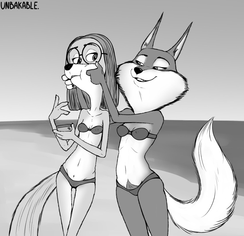 absurd_res anthro beach bikini breasts canid canine canis cellphone cheek_pinch clothing domestic_dog duo eyewear female female/female glasses greyscale hair hi_res holding_cellphone holding_object holding_phone holding_smartphone hunting_dog illumination_entertainment looking_at_another mammal monochrome navel nipple_outline outside phone porsha_crystal pubes pubes_exposed saluki sea seaside sighthound sing_(movie) slim small_breasts smartphone smile suki_lane swimwear thigh_gap unbakable water wolf