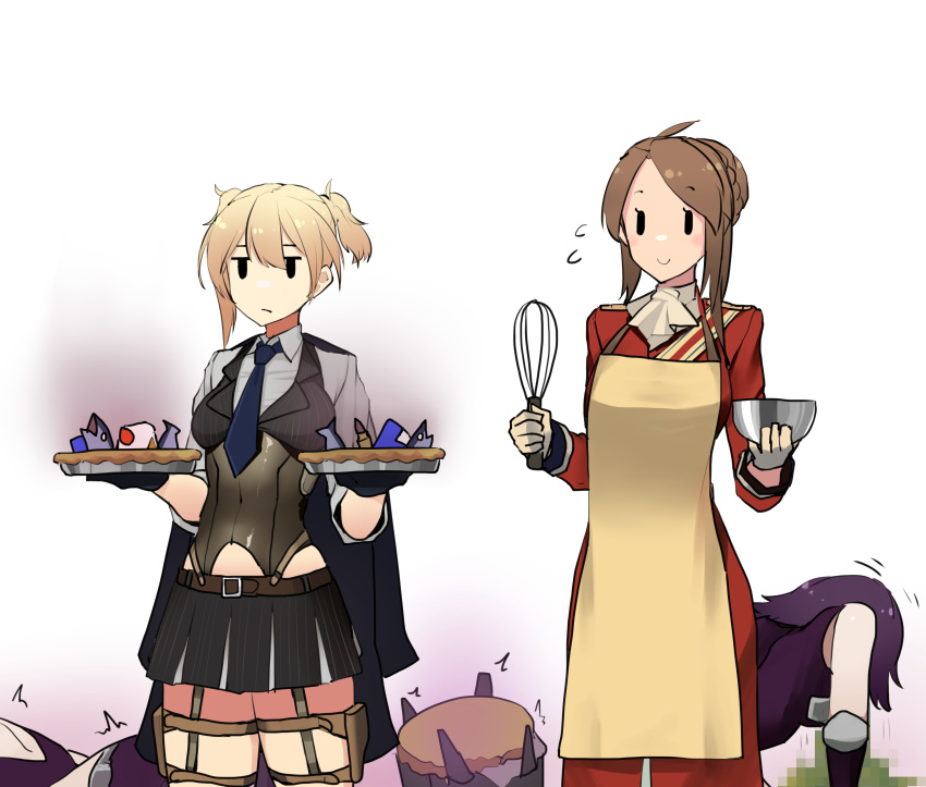 1other 4girls absurdres apron ascot bad_food blonde_hair bowl brown_hair censored commentary_request dinergate_(girls'_frontline) fish_head food girls'_frontline gloves highres holding holding_food lee-enfield_(girls'_frontline) multiple_girls necktie pie ripper_(girls'_frontline) stargazy_pie vespid_(girls'_frontline) vomit vomiting welrod_mkii_(girls'_frontline) whisk white_background yanagui
