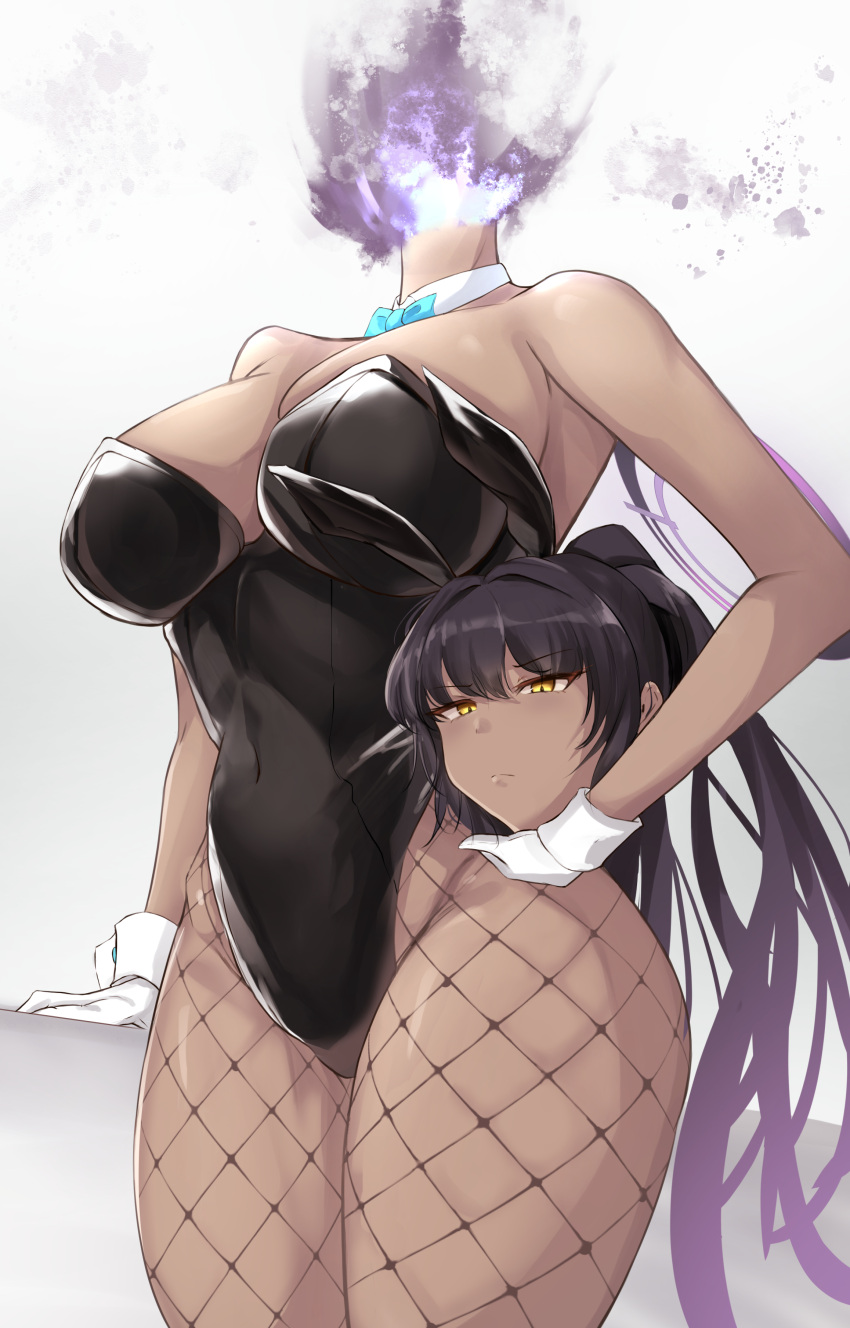 1girl absurdres bangs bare_arms bare_shoulders black_hair black_legwear black_leotard blue_archive blue_bow blue_bowtie bow bowtie breasts closed_mouth commentary covered_navel cowboy_shot detached_collar dullahan eyebrows_visible_through_hair fishnet_legwear fishnets gloves highres holding_head karin_(blue_archive) large_breasts leotard long_hair looking_at_viewer playboy_bunny ponytail solo tyamurai33 white_gloves yellow_eyes