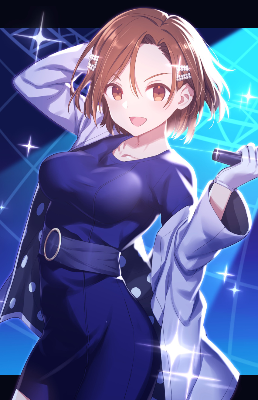 1girl :d absurdres blue_dress brown_eyes brown_hair commentary_request dress gloves hair_ornament hairclip highres hiraga_matsuri holding holding_microphone jacket looking_at_viewer microphone open_mouth original short_dress short_hair smile solo sparkle white_gloves white_jacket