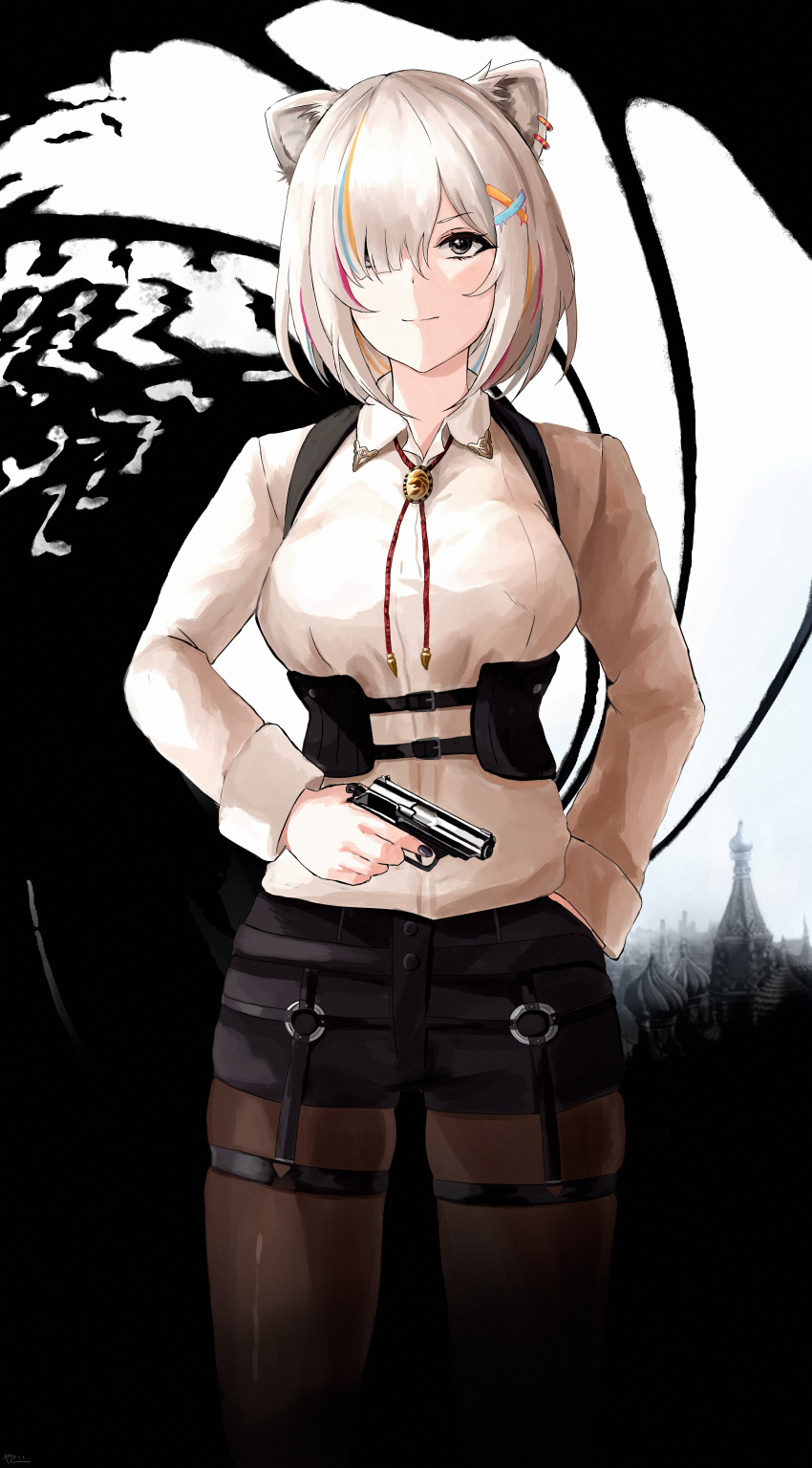 absurdres belt breasts cathedral ear_piercing ears gun handgun hands_in_pockets highres hololive james_bond james_bond_(series) jewelry large_breasts long_sleeves looking_at_viewer necklace pantyhose parody piercing shishiro_botan short_hair virtual_youtuber walther walther_ppk weapon yato_(yama0x1)