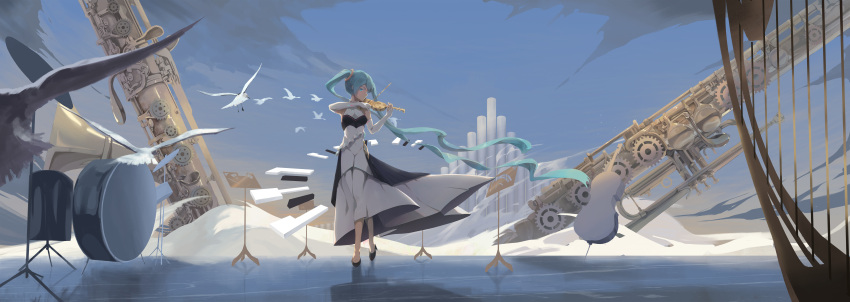 1girl absurdres adapted_costume alternate_costume aqua_eyes aqua_hair bassoon breasts cloud covered_navel double_bass dress drum drum_set elbow_gloves gloves hatsune_miku high_heels highres instrument layered_dress long_dress medium_breasts music organ_(instrument) outdoors piano_keys playing_instrument rotarran scenery sleeveless sleeveless_dress solo stage standing surreal twintails very_longhair violing vocaloid white_gloves