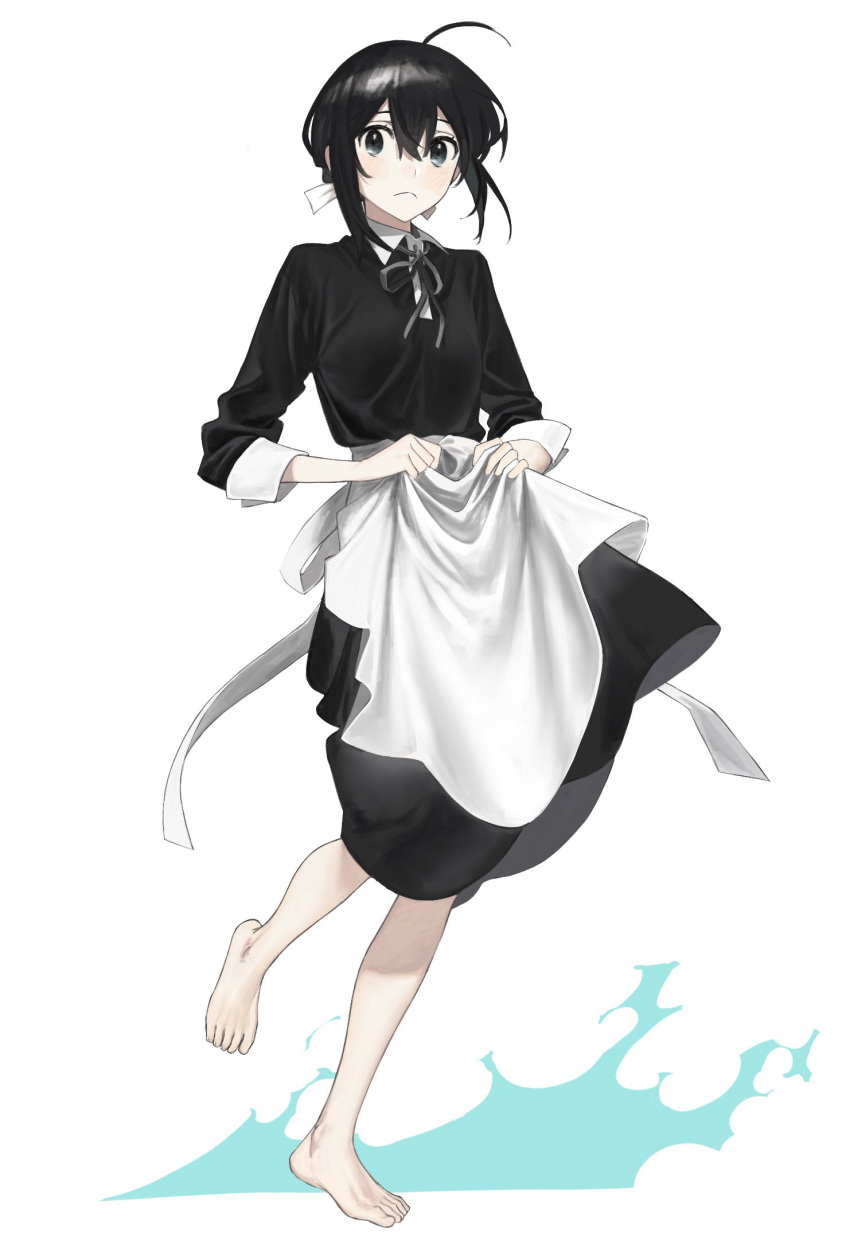 1girl antenna_hair apron apron_lift bangs barefoot black_bow black_dress black_eyes black_hair bow breasts clothes_lift collared_dress dress dress_lift highres looking_at_viewer maid maid_apron medium_hair original simple_background sleeve_cuffs small_breasts solo souma_(xxxsoiu1) tied_hair wave_print white_apron white_background white_bow xxxsoiu1