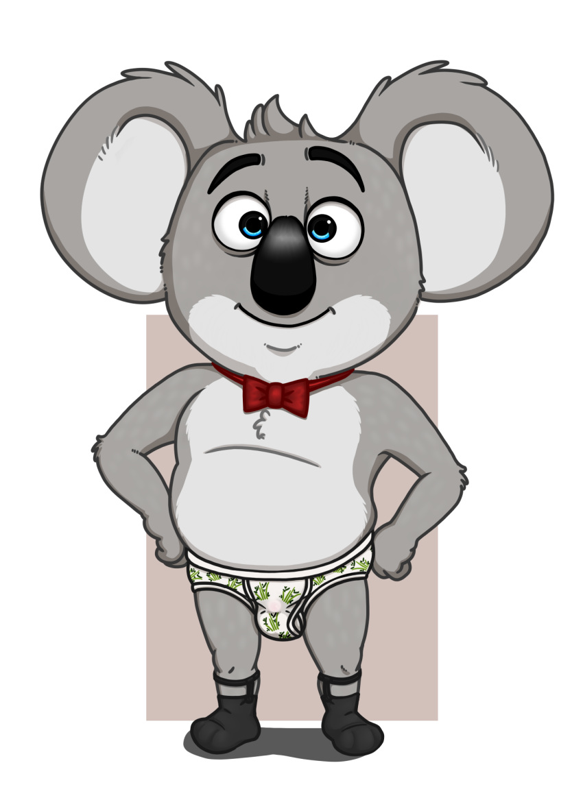 2022 alpha_channel anthro balls barely_visible_balls barely_visible_genitalia barely_visible_penis biped black_nose bow_tie bulge buster_moon clothing genitals grey_body hi_res humanoid_hands illumination_entertainment koala male mammal marsupial neenya penis simple_background sing_(movie) solo transparent_background underwear vombatiform