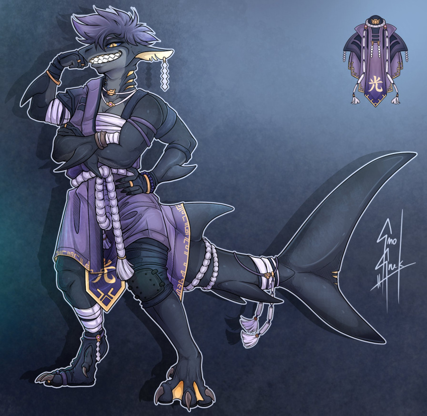 anthro clothing digitigrade female fish hi_res jewelry marine membrane_(anatomy) multi_arm multi_limb necklace piercing shark smolsnek solo standing thick_tail webbed_feet