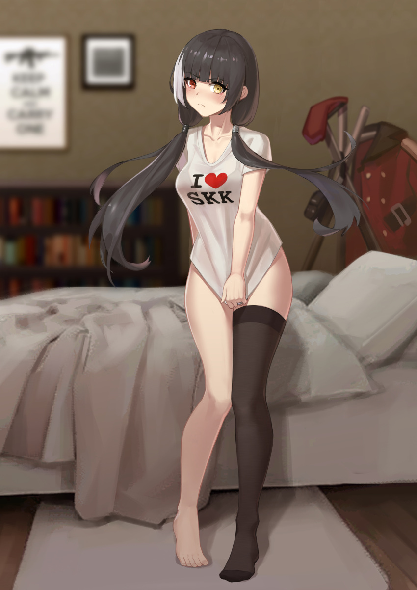 1girl absurdres bed black_hair black_legwear blurry blurry_background blush breasts clothes_writing full_body girls'_frontline heart heterochromia highres indoors jewelry large_breasts long_hair low_twintails mausratten multicolored_hair no_pants no_shoes red_eyes ring ro635_(girls'_frontline) shirt short_sleeves single_thighhigh solo standing streaked_hair thighhighs twintails wedding_band white_hair white_shirt yellow_eyes