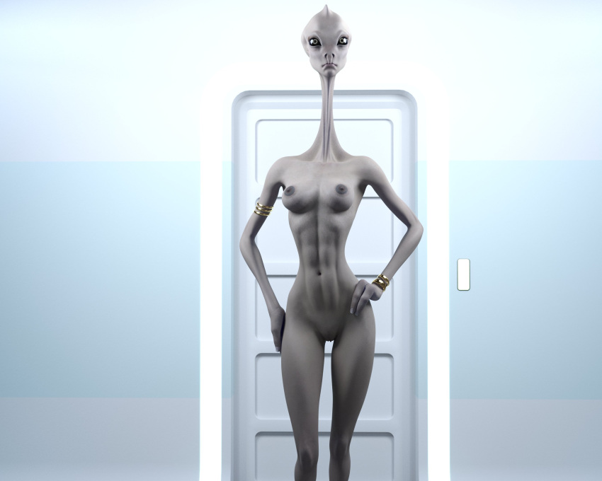 alien black_eyes breasts drinkerofskies female grey_body grey_skin hi_res humanoid jewelry kaminoan nude solo star_wars wristband