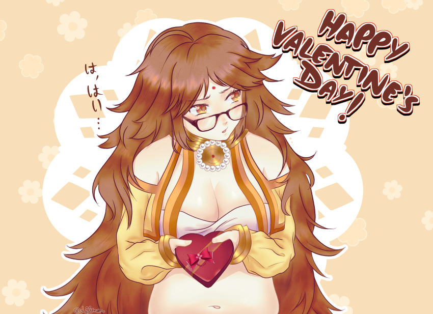 1girl absurdres bangs bare_shoulders bindi black-framed_eyewear blush breasts brown_eyes brown_hair cleavage fate/extra fate/extra_ccc fate/grand_order fate_(series) ganesha_(fate) glasses highres jinako_carigiri large_breasts lilynee long_hair long_sleeves looking_away midriff navel open_mouth plump solo translation_request twitter_username valentine very_long_hair