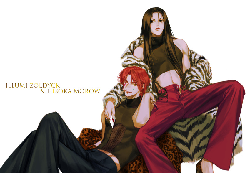 2boys absurdres black_eyes black_hair card crossed_legs expressionless facepaint fur_jacket highres hisoka_morow holding holding_card hunter_x_hunter illumi_zoldyck jacket long_hair makeup male_focus multiple_boys red_hair sitting sleeveless smirk white_background wz_(woyzeck) yellow_eyes