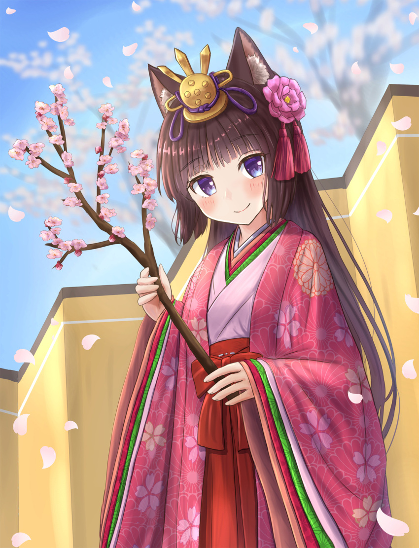 1girl animal_ear_fluff animal_ears bangs black_hair blue_eyes blue_sky blush branch cat_ears closed_mouth commentary_request day eyebrows_visible_through_hair flower hair_flower hair_ornament hakama hakama_skirt headpiece highres holding holding_branch iroha_(iroha_matsurika) japanese_clothes karaginu_mo kimono layered_clothing layered_kimono long_hair long_sleeves looking_at_viewer mutsuki_(iroha_(iroha_matsurika)) open_clothes original outdoors petals pink_flower pink_kimono red_hakama skirt sky sleeves_past_wrists smile solo very_long_hair wide_sleeves