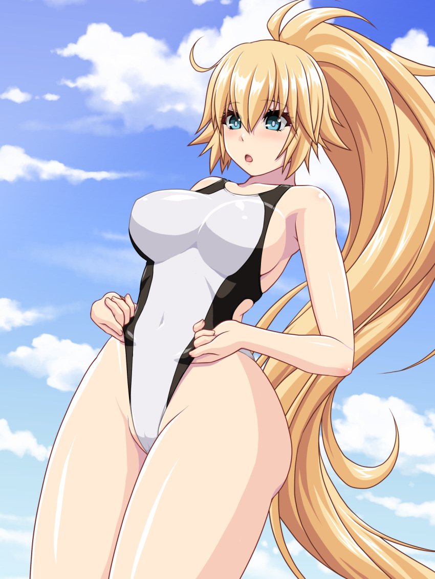 1girl abu blonde_hair blue_eyes blue_sky breasts clothes_pull cloud commentary_request competition_swimsuit cowboy_shot day fate/apocrypha fate/grand_order fate_(series) highleg highleg_swimsuit highres jeanne_d'arc_(fate) jeanne_d'arc_(fate/apocrypha) jeanne_d'arc_(swimsuit_archer)_(fate) large_breasts long_hair looking_at_viewer one-piece_swimsuit ponytail sky solo standing swimsuit swimsuit_pull white_swimsuit