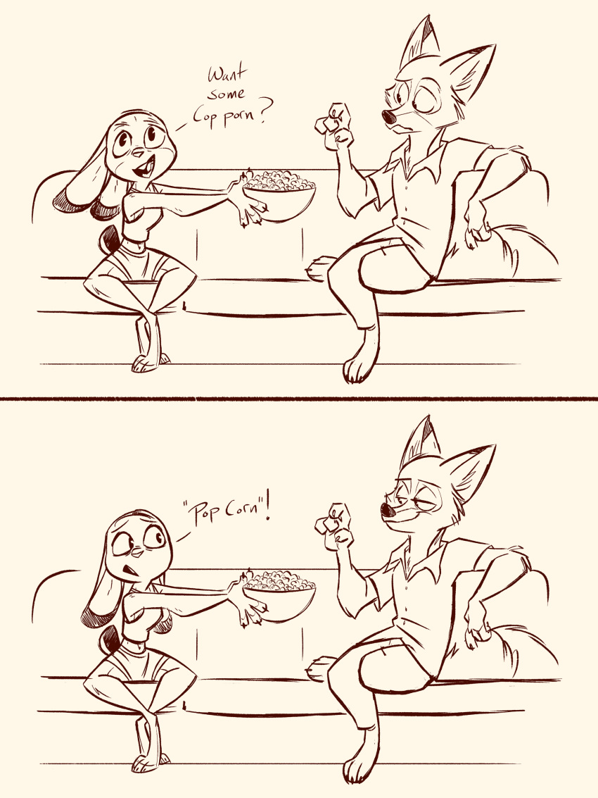 absurd_res anthro bottomwear buckteeth canid canine clothed clothing crop_top dialogue disney duo english_text eye_contact female fluttershythekind food fox furniture hi_res holding_food holding_object judy_hopps lagomorph leporid looking_at_another male mammal monochrome nick_wilde offering_food open_mouth pants popcorn rabbit shirt shorts simple_background sitting sofa teeth text topwear zootopia