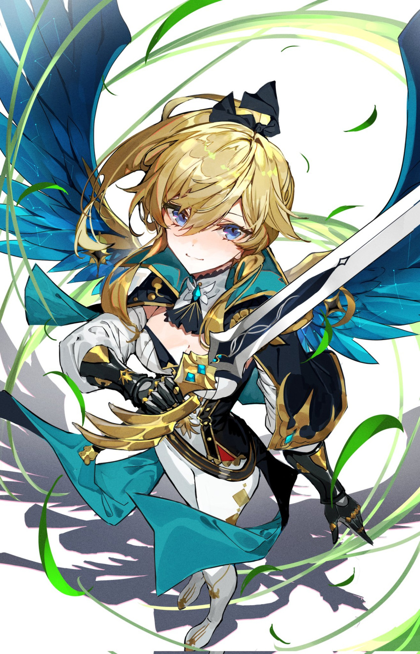 1girl bangs black_gloves blonde_hair blue_capelet blue_eyes bow breasts capelet cleavage closed_mouth coattails detached_collar favonius_sword_(genshin_impact) feathered_wings feathers from_above genshin_impact gloves hair_between_eyes hair_bow high_collar highres holding holding_sword holding_weapon jean_(genshin_impact) large_breasts long_hair looking_at_viewer multicolored_capelet mura_karuki pants sidelocks smile solo standing sword tight tight_pants weapon white_footwear white_pants wings