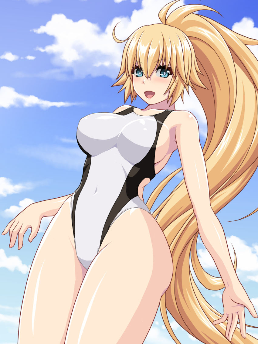 1girl abu blonde_hair blue_eyes blue_sky breasts cloud commentary_request competition_swimsuit cowboy_shot day fate/apocrypha fate/grand_order fate_(series) highleg highleg_swimsuit highres jeanne_d'arc_(fate) jeanne_d'arc_(fate/apocrypha) jeanne_d'arc_(swimsuit_archer)_(fate) large_breasts long_hair looking_at_viewer one-piece_swimsuit ponytail sky solo standing swimsuit white_swimsuit