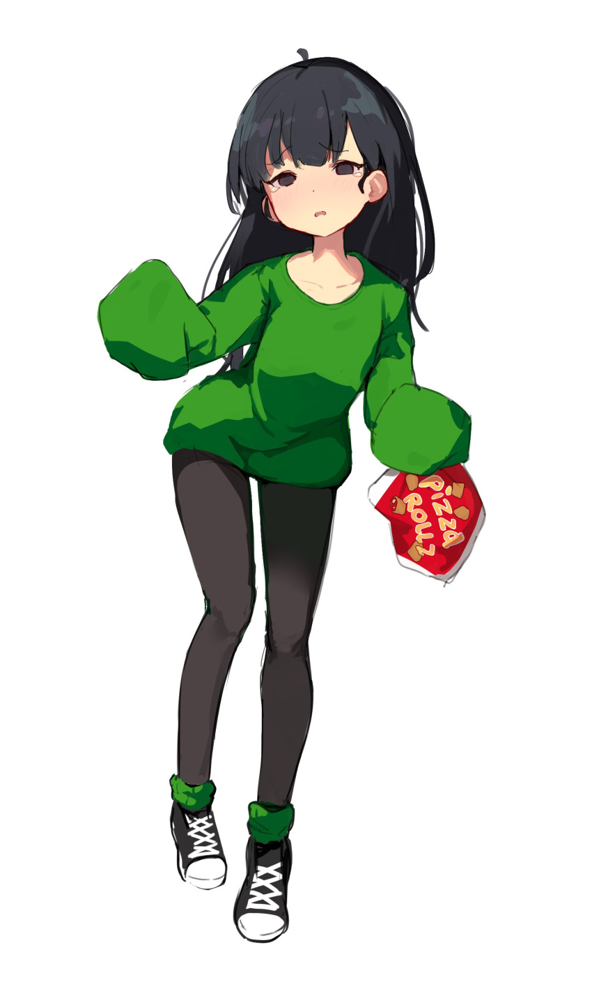 1girl absurdres black_eyes black_footwear black_hair black_pants cartoon_network chocpocalypse codename:_kids_next_door food full_body green_sweater highres kuki_sanban long_hair long_sleeves looking_at_viewer open_mouth oversized_clothes pants pizza_rolls sad shoes solo sweater tears