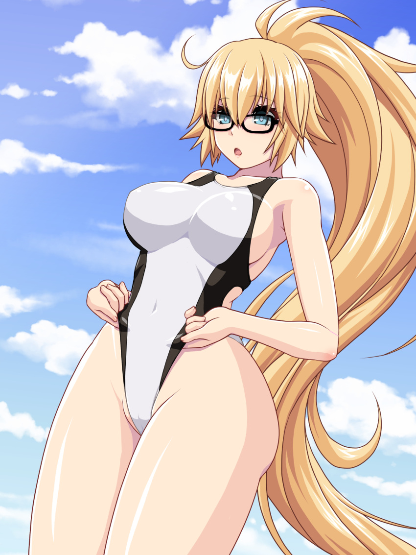 1girl abu black-framed_eyewear blonde_hair blue_eyes blue_sky breasts clothes_pull cloud commentary_request competition_swimsuit cowboy_shot day fate/apocrypha fate/grand_order fate_(series) glasses highleg highleg_swimsuit highres jeanne_d'arc_(fate) jeanne_d'arc_(fate/apocrypha) jeanne_d'arc_(swimsuit_archer)_(fate) large_breasts long_hair looking_at_viewer one-piece_swimsuit ponytail sky solo standing swimsuit swimsuit_pull white_swimsuit