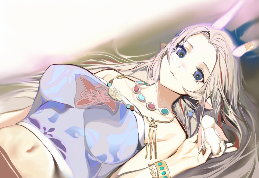 1girl a_deer_of_nine_colors absurdres alternate_breast_size animal animal_ear_fluff antlers arknights bare_shoulders blue_eyes bracelet breasts breasts_apart bunny closed_mouth crop_top earrings forehead highres holding holding_animal jewelry ken_(1057168252) long_hair looking_at_viewer lying multicolored_hair navel necklace nine-colored_deer on_back red_hair silver_hair smile solo strapless two-tone_hair upper_body very_long_hair