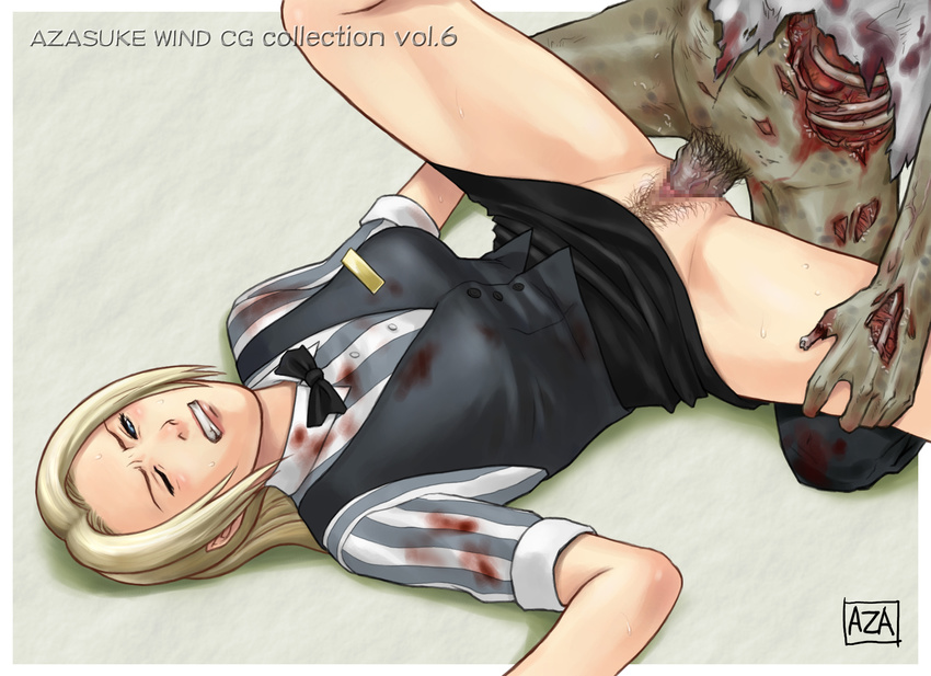 1girl azasuke blonde_hair blood blue_eyes censored cindy_lennox clenched_teeth from_above highres long_hair lying missionary monster no_panties on_back penis pubic_hair resident_evil resident_evil_outbreak sequential sequential_set sex skirt skirt_lift solo spread_legs sweat teeth vaginal wince wink zombie