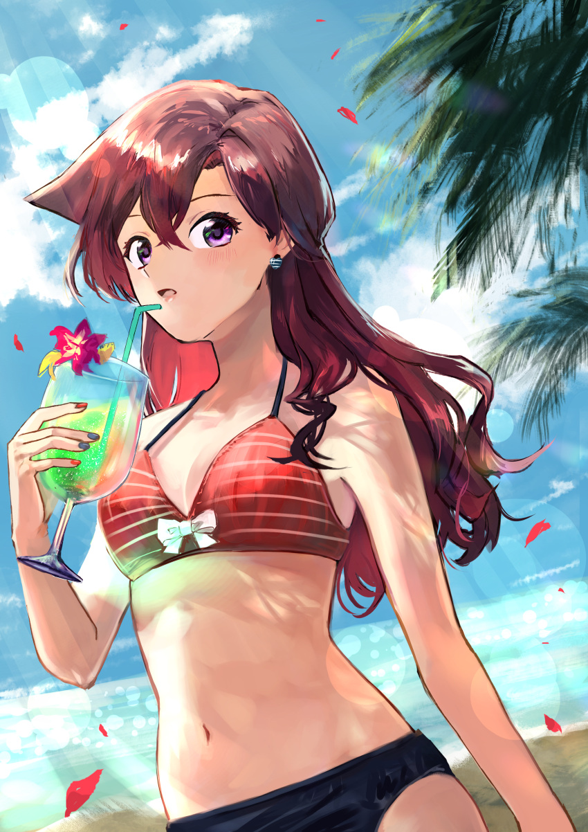 1girl absurdres bangs bare_arms beach bearo bikini black_bikini blue_nails blue_sky breasts brown_hair cleavage cloud collarbone cup day drinking_straw dutch_angle earrings floating_hair gradient_hair hair_between_eyes highres holding holding_cup jewelry lens_flare long_hair meitantei_conan mismatched_bikini mouri_ran multicolored_hair multicolored_nails nail_polish navel ocean open_mouth outdoors petals purple_eyes red_bikini red_hair red_nails shiny shiny_hair sky small_breasts solo straight_hair striped striped_bikini summer sunlight swimsuit