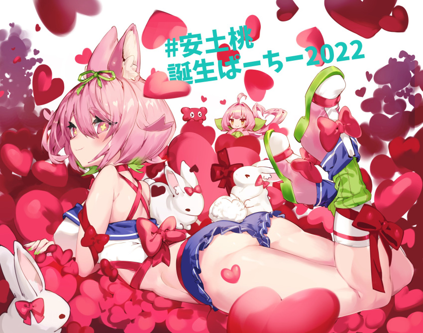 +_+ 1girl animal_ear_fluff animal_ears ass azuchi_momo back bangs blue_shorts blush bow breasts bunny closed_mouth footwear_bow full_body green_hair green_legwear hair_between_eyes heart highres karizini999 kneehighs large_breasts looking_at_viewer looking_back lying micro_shorts multicolored_hair nijisanji on_stomach pink_eyes pink_footwear pink_hair rabbit_ears rabbit_tail red_bow red_ribbon ribbon shirt shoes short_hair shorts solo streaked_hair tail the_pose translation_request virtual_youtuber white_legwear white_shirt