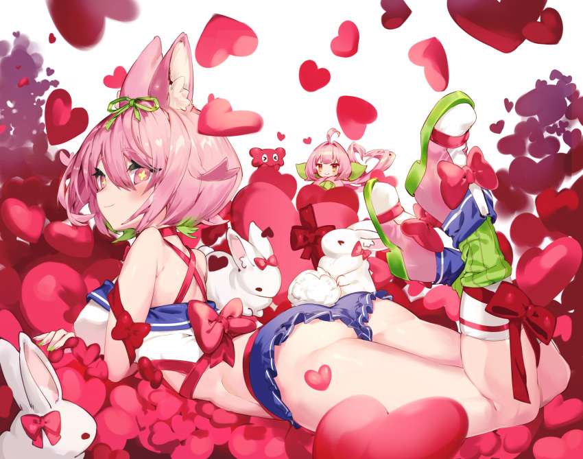 +_+ 1girl animal_ear_fluff animal_ears ass azuchi_momo back bangs blue_shorts blush bow breasts bunny closed_mouth footwear_bow full_body green_hair green_legwear hair_between_eyes heart highres karizini999 kneehighs large_breasts looking_at_viewer looking_back lying micro_shorts multicolored_hair nijisanji on_stomach pink_eyes pink_footwear pink_hair rabbit_ears rabbit_tail red_bow red_ribbon ribbon shirt shoes short_hair shorts solo streaked_hair tail the_pose virtual_youtuber white_legwear white_shirt