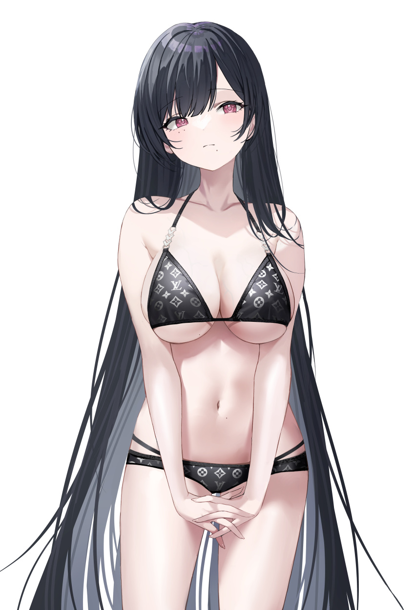 1girl absurdres bangs black_bra black_hair black_panties bra breasts chungu cleavage closed_mouth collarbone cowboy_shot frown halterneck head_tilt highres interlocked_fingers long_hair looking_at_viewer mole mole_on_breast mole_on_stomach mole_under_eye mole_under_mouth multi-strapped_panties navel original own_hands_together panties print_bra print_panties red_eyes simple_background skindentation solo straight_hair strap_gap underboob underwear underwear_only very_long_hair white_background