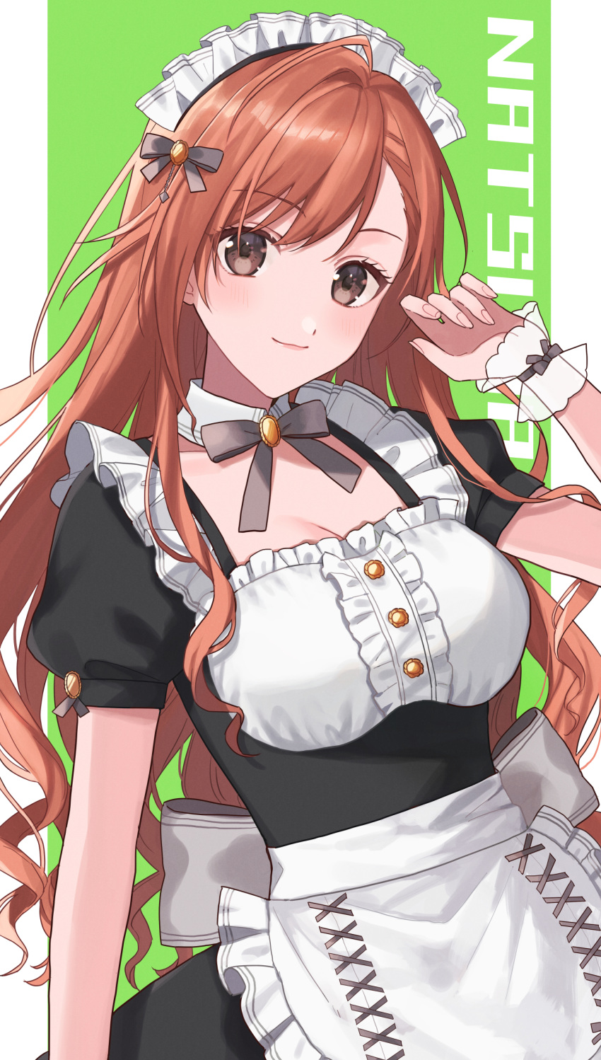 1girl absurdres alternate_costume arisugawa_natsuha arm_up artist_request black_eyes breasts character_name cleavage detached_collar enmaided eyebrows_visible_through_hair green_background highres idolmaster idolmaster_shiny_colors long_hair looking_at_viewer maid maid_headdress neck_ribbon orange_hair pout ribbon simple_background smile solo wrist_cuffs