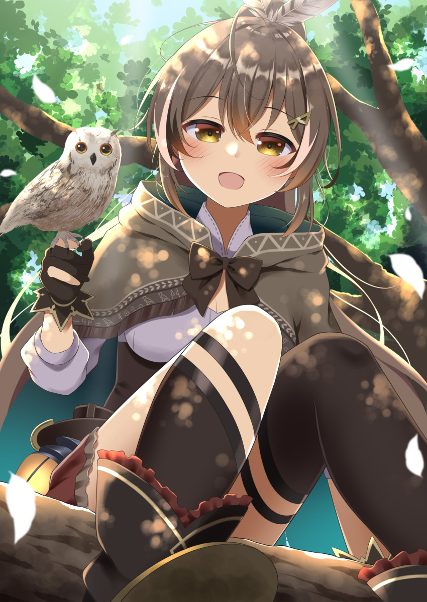 1girl :d ahoge asymmetrical_legwear bangs belt bird blush boots brown_capelet brown_cloak brown_corset brown_eyes brown_hair cape capelet cloak corset dappled_sunlight feather_hair_ornament feathers from_below gloves hair_ornament highres hololive hololive_english in_tree knee_strap kneehighs lantern looking_at_viewer nanashi_mumei nero_(starlightbrakerexfb) owl partially_fingerless_gloves ponytail ribbon shirt single_kneehigh single_thighhigh smile sunlight thigh_strap thighhighs tree tree_shade virtual_youtuber white_shirt