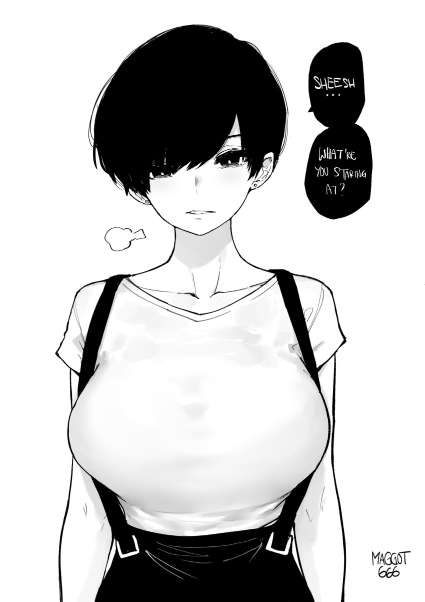 1girl arms_at_sides artist_name bangs black_hair breasts bright_pupils casual collarbone earrings english_text greyscale grin highres jewelry large_breasts looking_at_viewer monochrome norman_maggot olive_laurentia original pixie_cut shirt_tucked_in short_hair short_sleeves sigh simple_background skirt smile solo speech_bubble suspender_skirt suspenders swept_bangs teasing upper_body