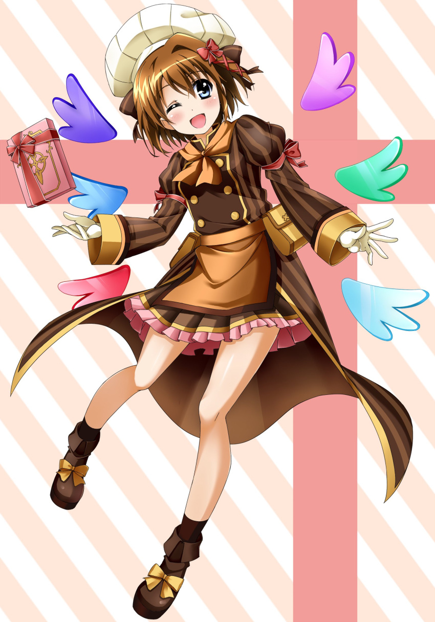 1girl ;d absurdres adapted_costume ankle_boots apron bangs beret black_legwear blue_eyes boots box brown_apron brown_dress brown_footwear brown_hair brown_neckerchief commentary diagonal_stripes dress frilled_dress frills gift gift_box gloves hair_ornament hair_ribbon hat highres long_sleeves looking_at_viewer lyrical_nanoha mahou_shoujo_lyrical_nanoha mahou_shoujo_lyrical_nanoha_a's multicolored_wings neckerchief one_eye_closed open_mouth pouch red_ribbon ribbon schwertkreuz short_dress short_hair smile socks solo standing striped waist_apron waist_cape white_gloves white_headwear wings x_hair_ornament yagami_hayate yorousa_(yoroiusagi)