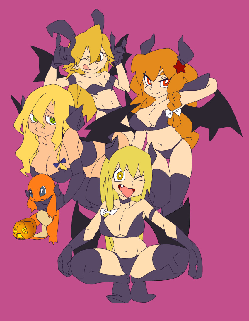 &gt;_&lt; 4girls :q \m/ alternate_costume animated animated_png azusa_(cookie) bandeau bangs black_bra black_legwear black_panties blinking blonde_hair blue_bow bow bra braid breasts bright_pupils brown_eyes charmander closed_mouth commentary cookie_(touhou) curled_horns demon_girl demon_horns demon_wings falling fang flame-tipped_tail flying full_body green_eyes hair_between_eyes hair_bow highres horns jack-o'-lantern kirisame_marisa kujira_video large_breasts long_hair looking_at_viewer mars_(cookie) multiple_girls one_eye_closed open_mouth orange_hair panties pokemon pokemon_(creature) pumpkin red_eyes red_star rei_(cookie) scotch_(cookie)_(style) side_braid simple_background single_braid small_breasts smile spinning squatting star_(symbol) thighhighs tongue tongue_out touhou underwear uzuki_(cookie) white_bow white_pupils wings winking_(animated) yellow_eyes