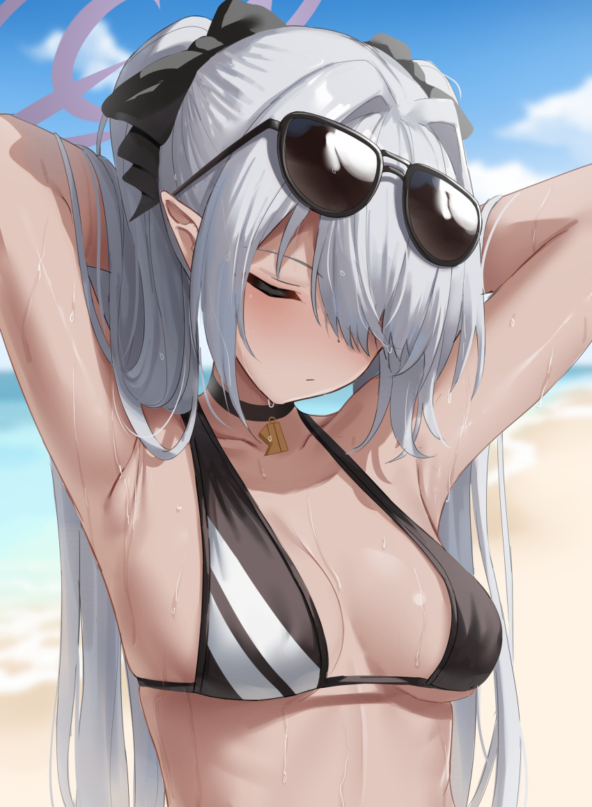 1girl absurdres arms_behind_head arms_up bangs beach bikini black_bikini blue_archive blurry blurry_background blush breasts breasts_apart choker closed_eyes closed_mouth dark-skinned_female dark_skin eyewear_on_head greyscale hair_intakes hair_over_one_eye halo hand_in_hair highres horizon iori_(blue_archive) long_hair medium_breasts monochrome outdoors pointy_ears sand shengtian solo string_bikini sunglasses swimsuit twintails upper_body water wet