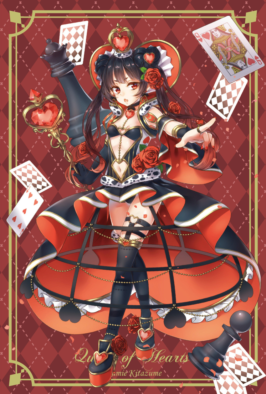 1girl absurdres alice_in_wonderland black_hair blush card chess_piece crown double_bun dress garter_straps heart highres jewelry kitazume_kumie long_hair looking_at_viewer looking_to_the_side original pale_skin playing_card pointing queen queen_of_hearts_(alice_in_wonderland) revealing_clothes ring thighhighs twintails