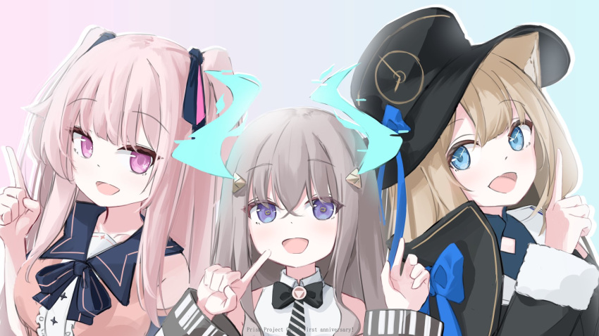 3girls alien animal_ears black_corset blonde_hair blue_eyes bow bowtie capelet celia_1315 clock_hands corset detached_sleeves dragon_girl dress fox_ears fox_girl hair_ribbon hat height_difference highres holographic_horns hoshifuri_iku ibuki_meno long_hair multiple_girls pink_dress pink_eyes pink_hair prism_project purple_eyes ribbon silver_hair sketch sleeveless sleeveless_jacket tokimori_aoi two_side_up virtual_youtuber