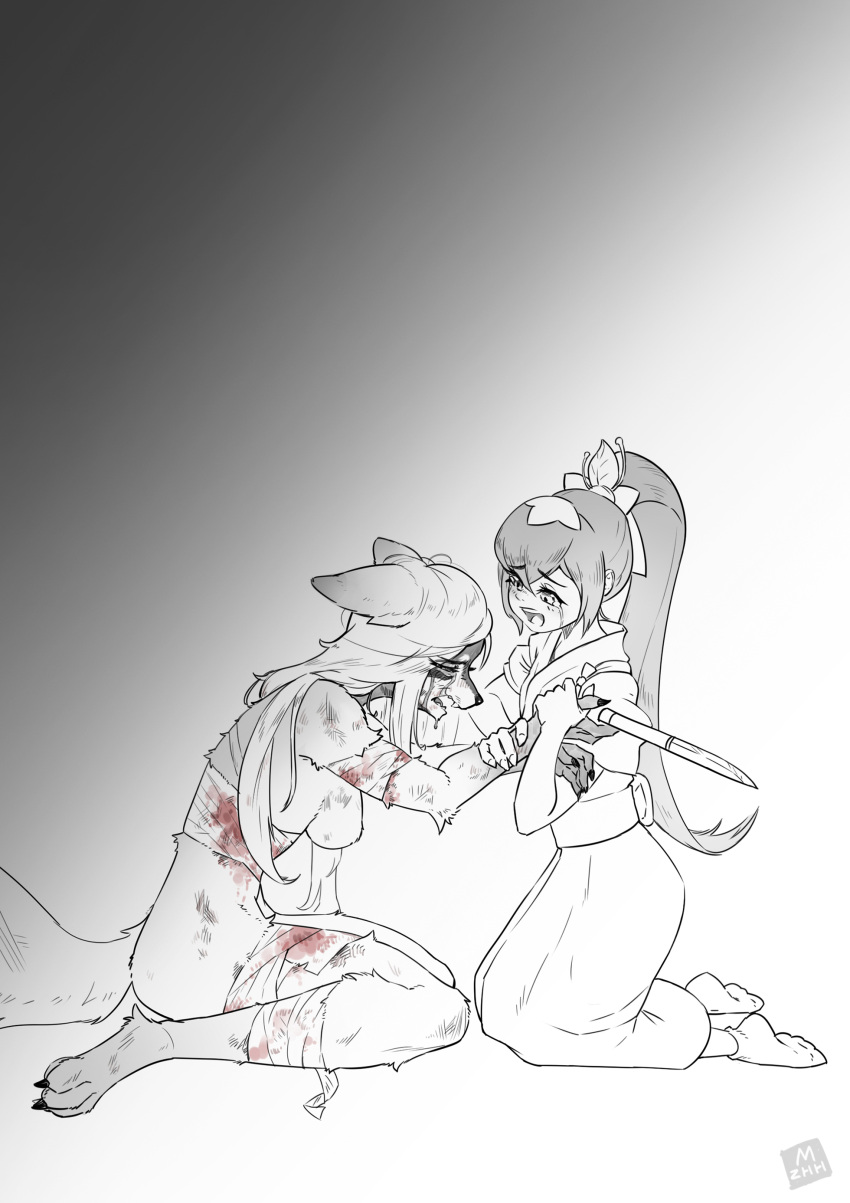 absurd_res anthro bandage blood bodily_fluids canid canine canis crying duo female female/female hakuro_(onmyoji) hi_res hotarugusa_(onmyoji) human knife mammal mzhh seppuku tears wolf